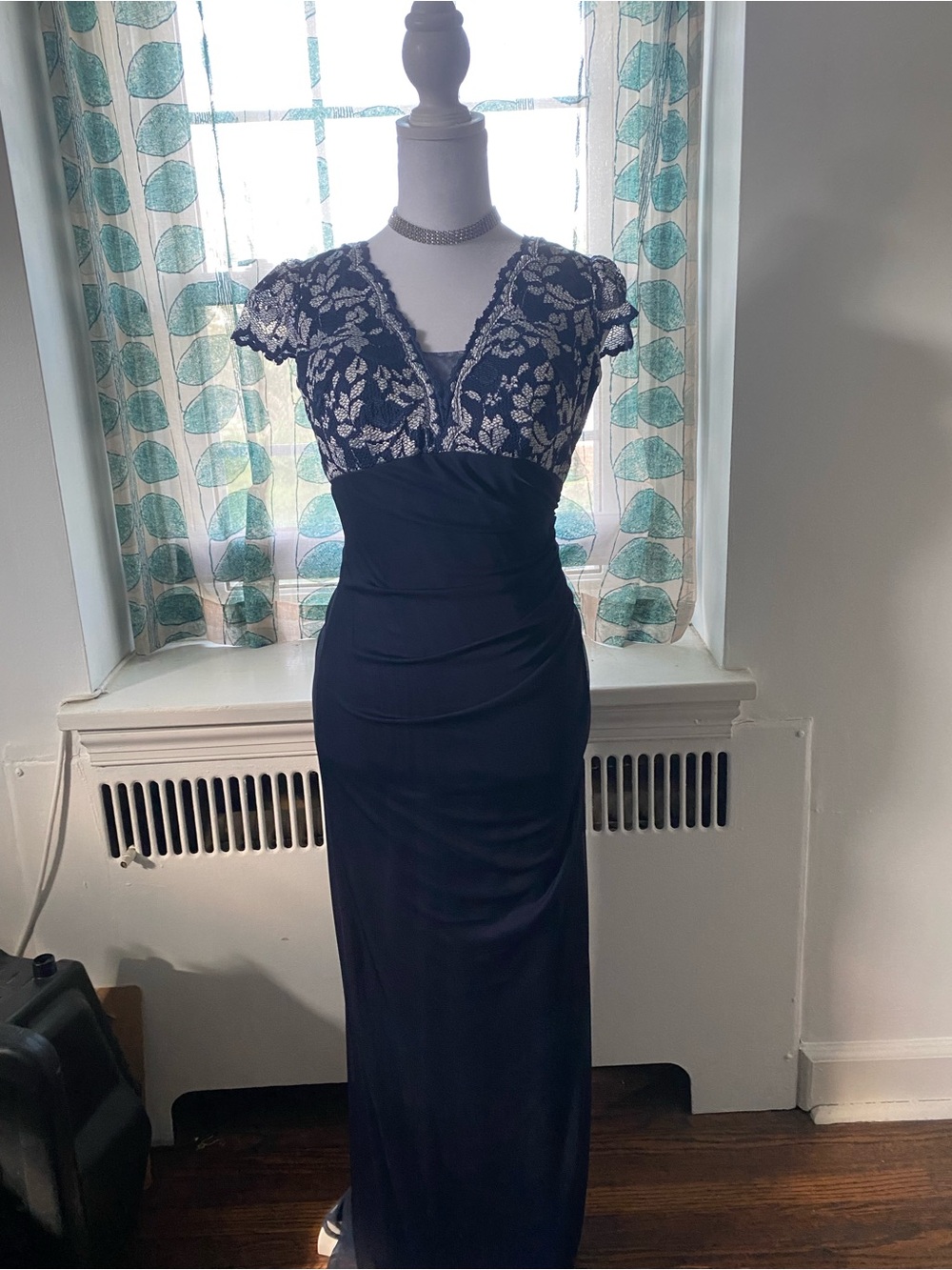 Betsy & Adam Navy Dress with White Lace Trim